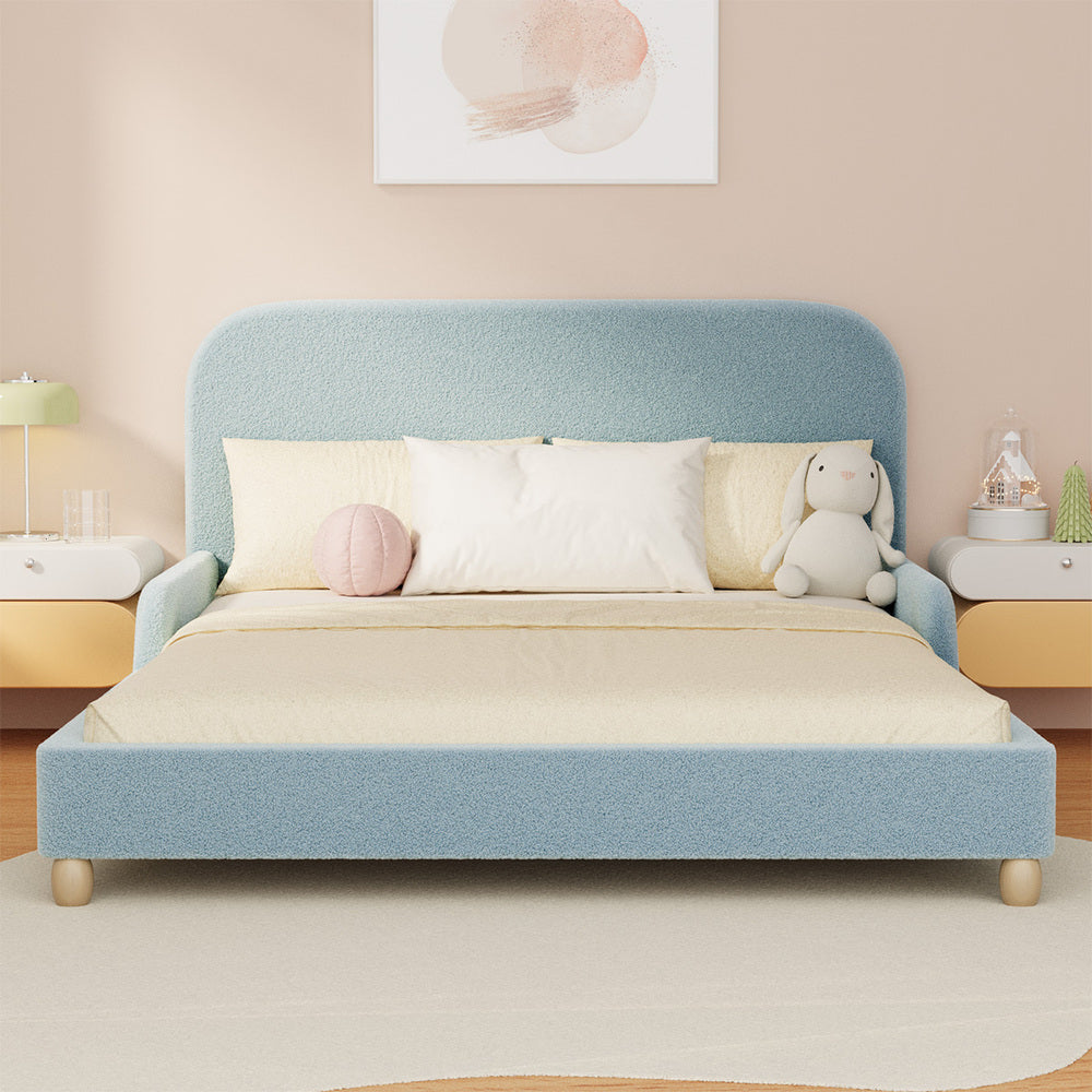 Kids Double Bed Frame with Guard Rails Boucle Blue, 300kg Weight Capacity