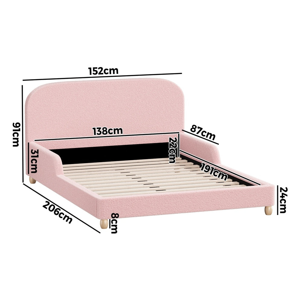 Kids Bed Frame Double Size Base with Side Rails Boucle Pink