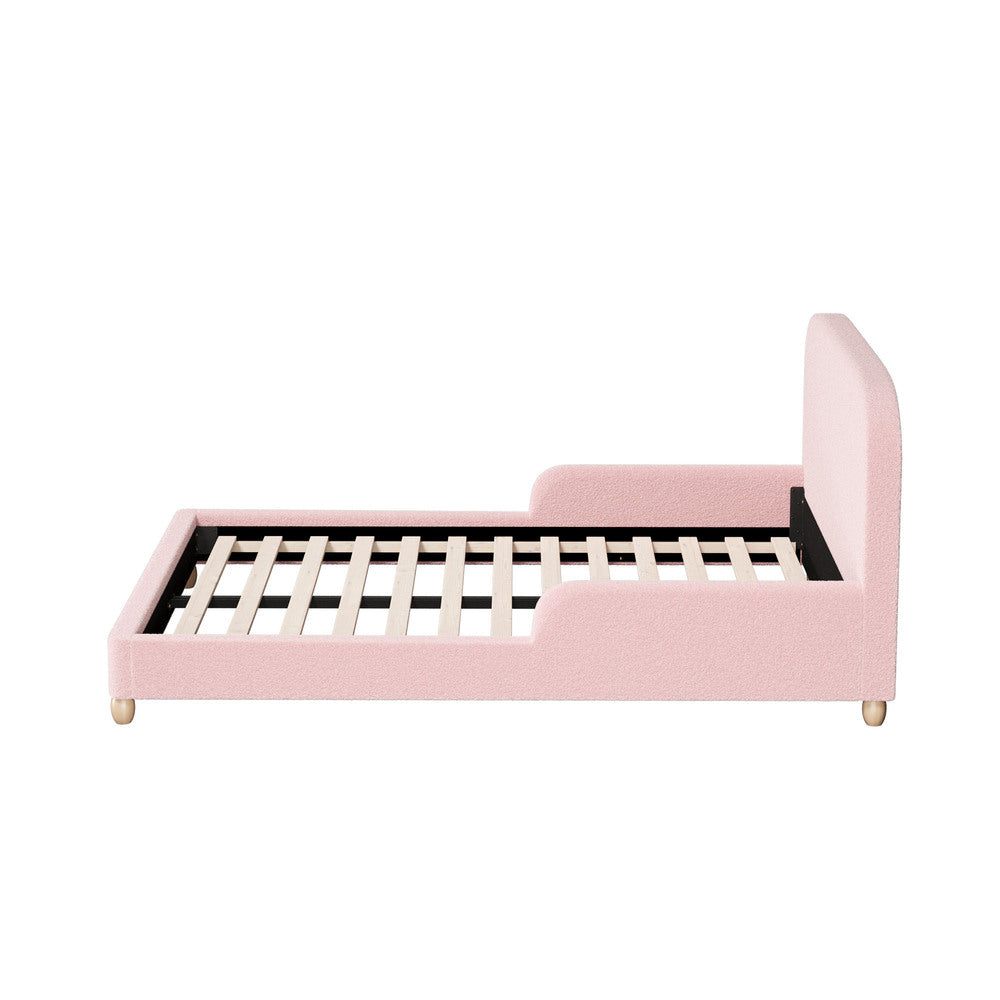 Kids Bed Frame Double Size Base with Side Rails Boucle Pink