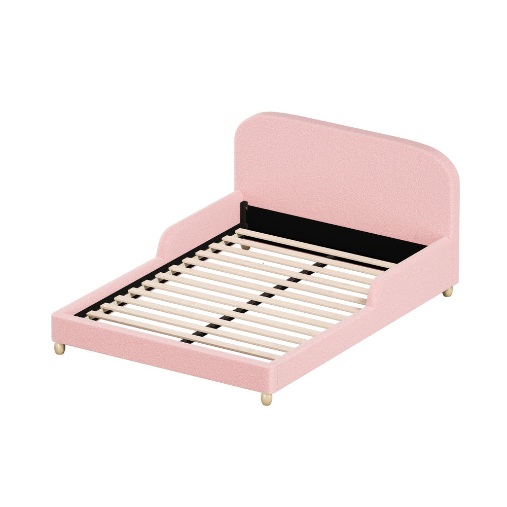 Kids Bed Frame Double Size Base with Side Rails Boucle Pink