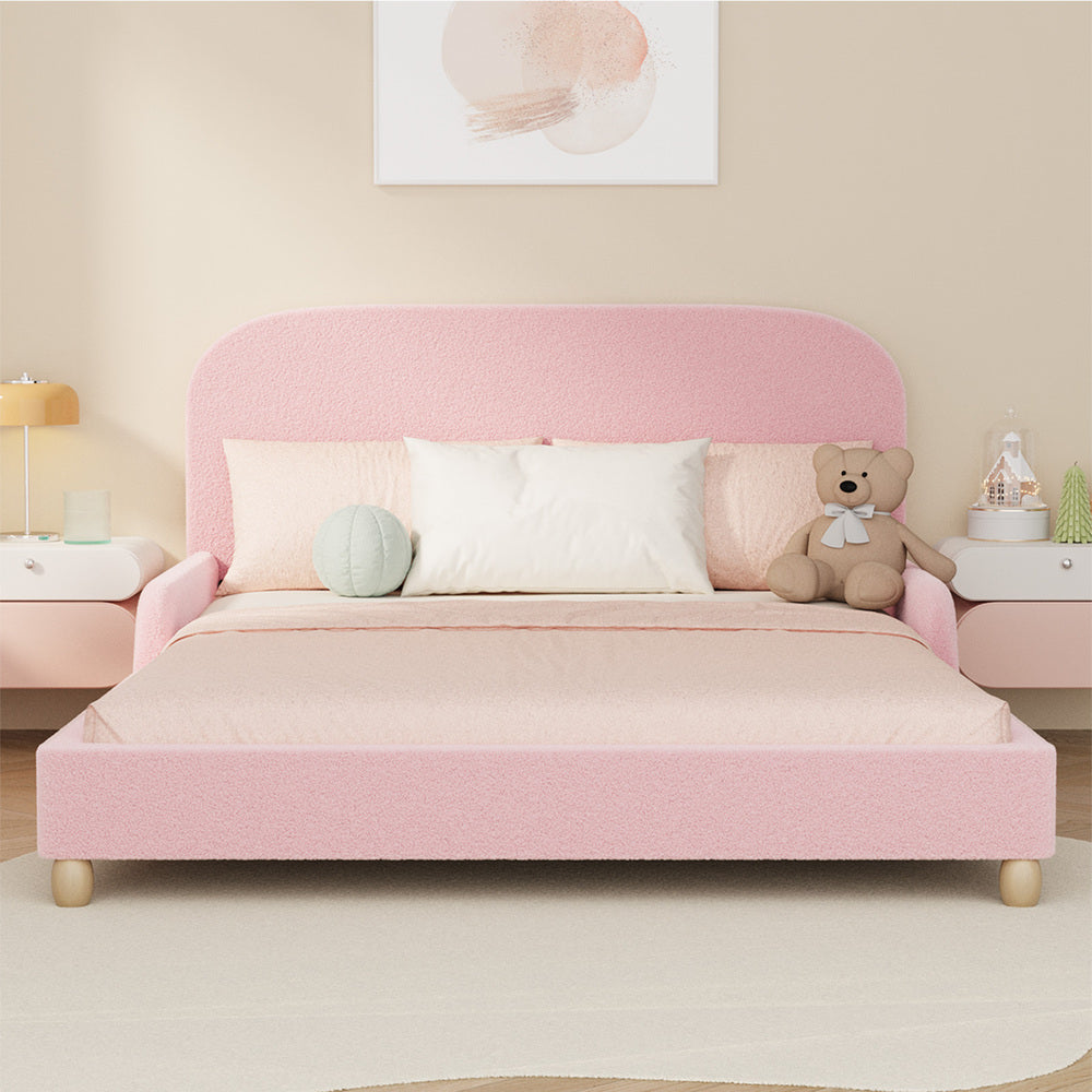 Kids Bed Frame Double Size Base with Side Rails Boucle Pink