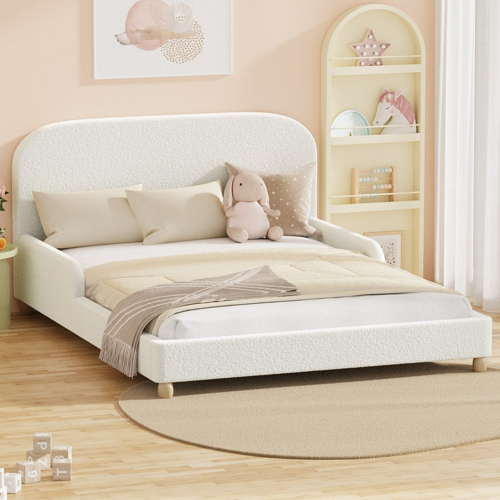 Kids Bed Frame Double Size Base with Side Rails Boucle White