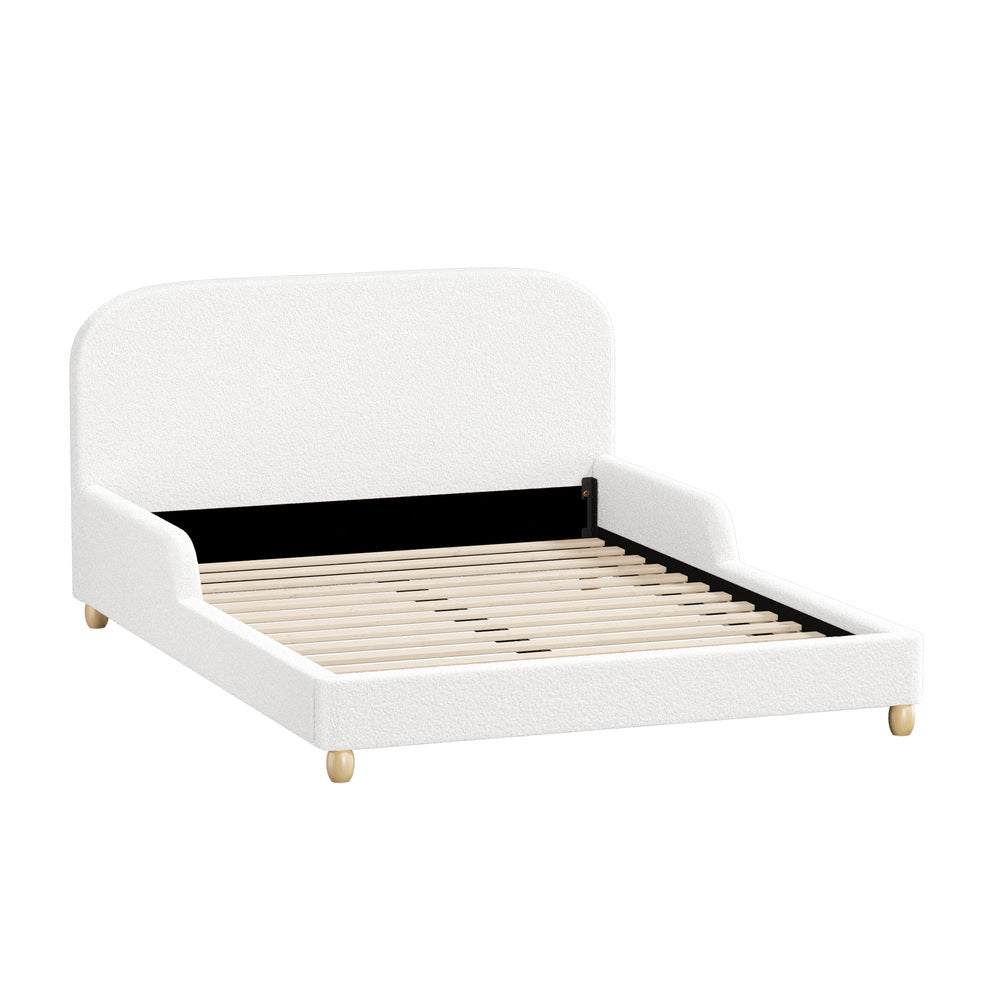 Kids Bed Frame Double Size Base with Side Rails Boucle White