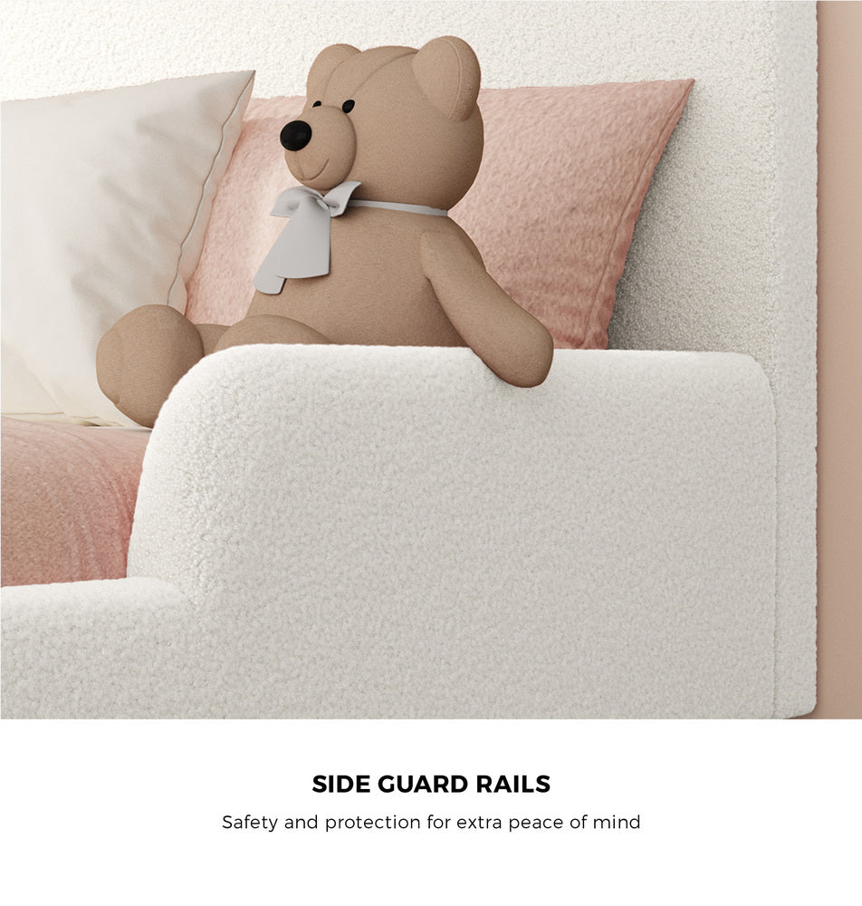 Kids Bed Frame Double Size Base with Side Rails Boucle White