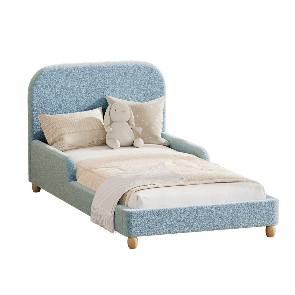 Kids Single Bed Frame with Guard Rails Boucle Blue, 150kg Weight Capacity