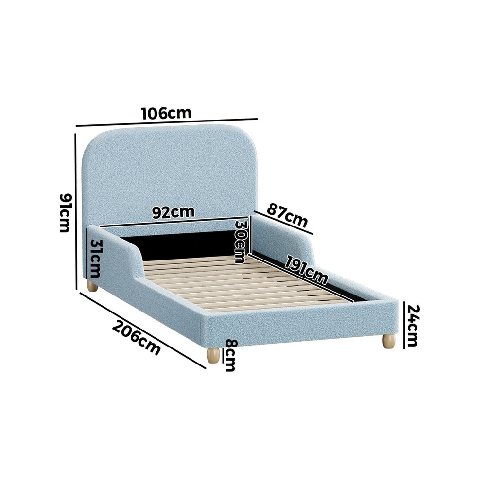 Kids Single Bed Frame with Guard Rails Boucle Blue, 150kg Weight Capacity