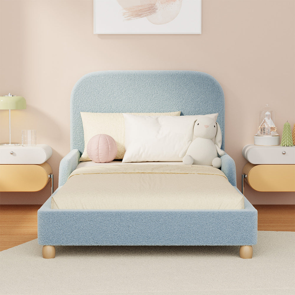 Kids Single Bed Frame with Guard Rails Boucle Blue, 150kg Weight Capacity