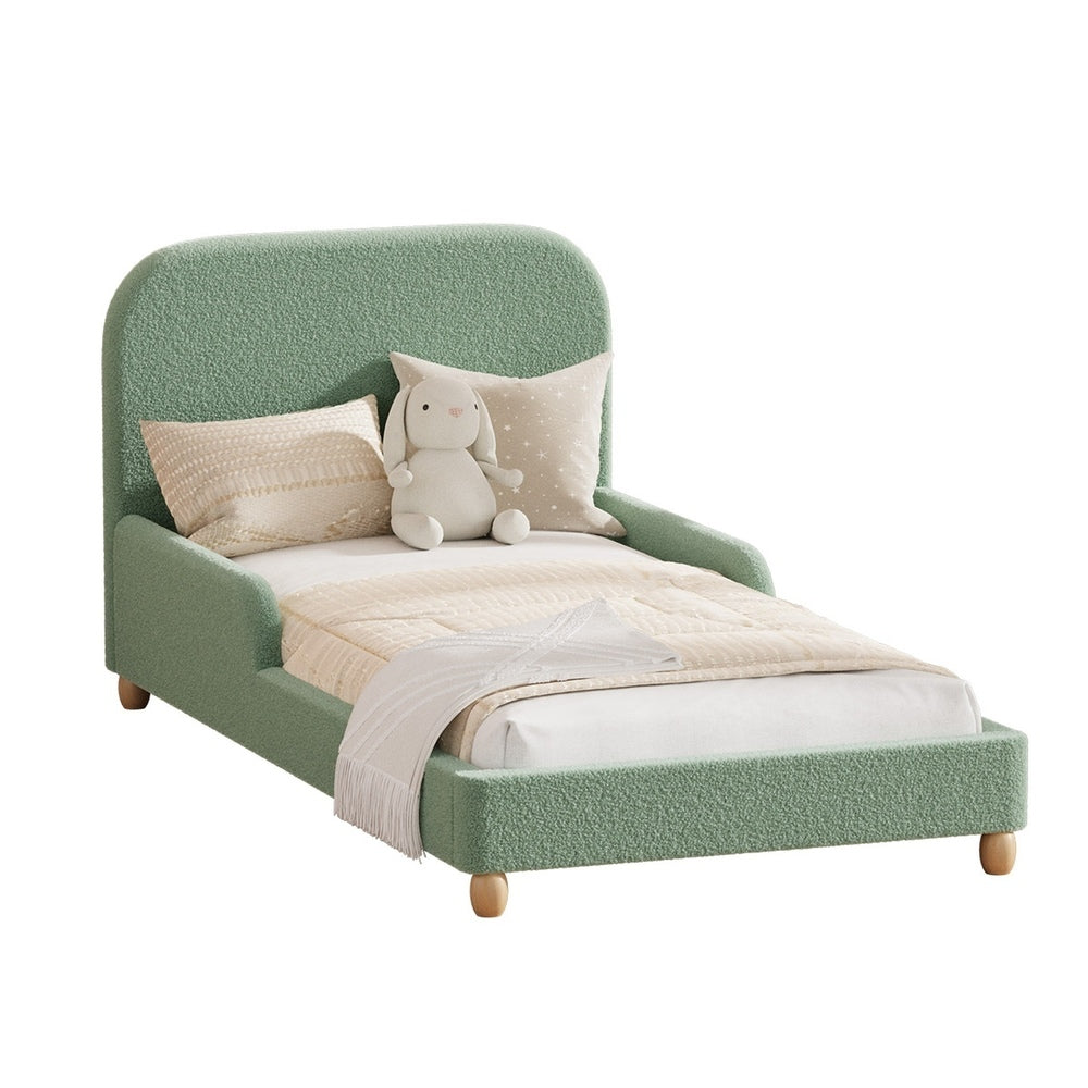 Kids Single Bed Frame with Side Guard Rails, Boucle Fabric, Green Colour