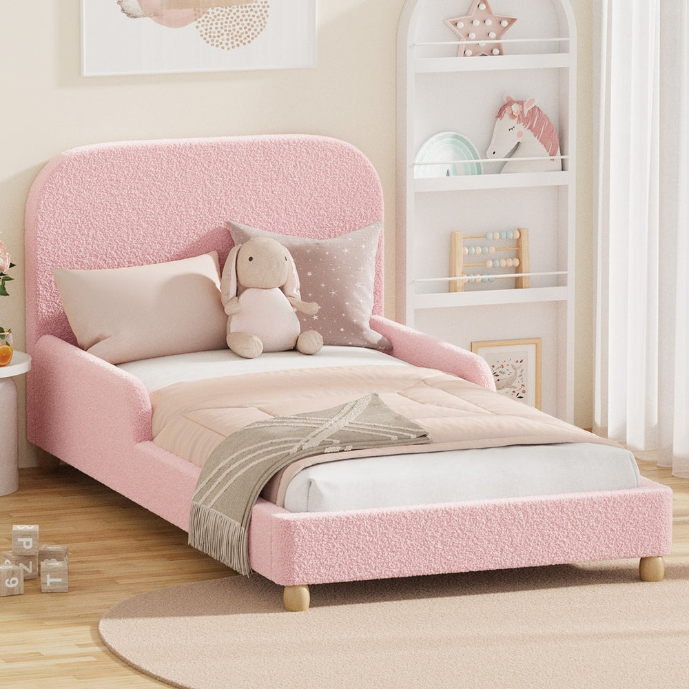 Kids Bed Frame Single Size Base with Side Rails Boucle Pink