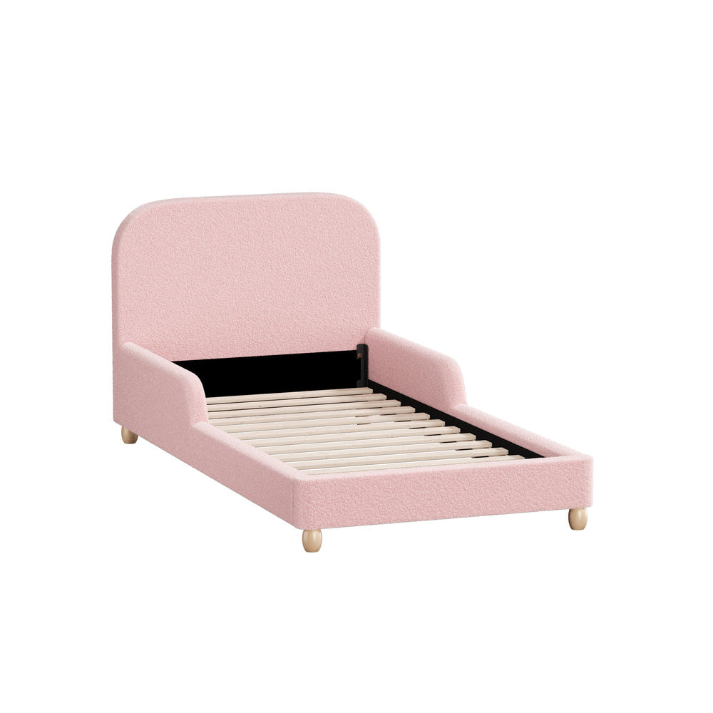 Kids Bed Frame Single Size Base with Side Rails Boucle Pink