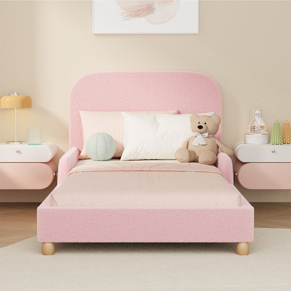 Kids Bed Frame Single Size Base with Side Rails Boucle Pink