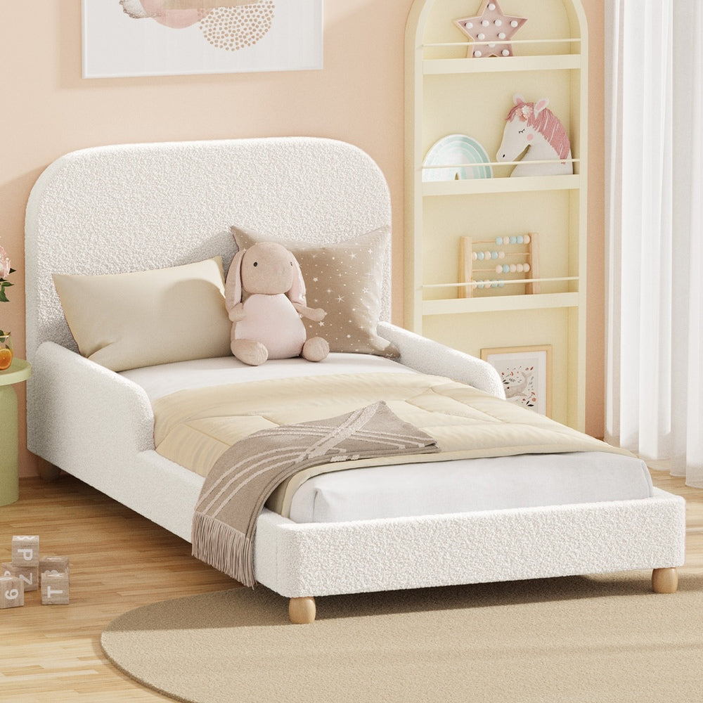 Kids Bed Frame Single Size Base with Side Rails Boucle White