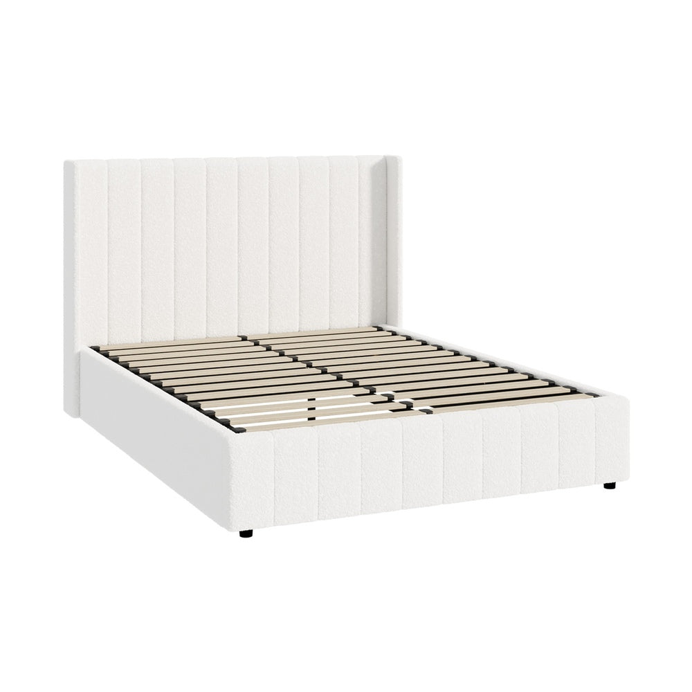 Oikiture Bed Frame Double Size Gas Lift Base Boucle Fabric White