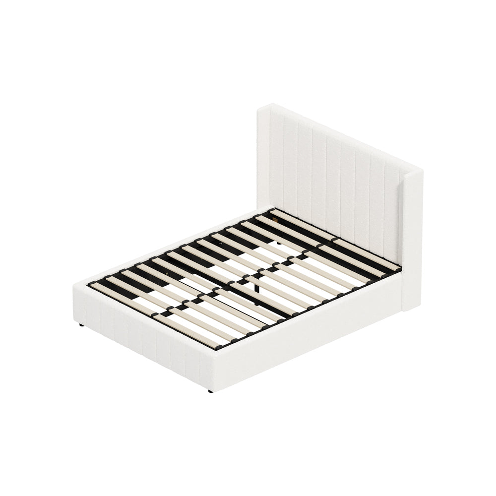 Oikiture Bed Frame Double Size Gas Lift Base Boucle Fabric White