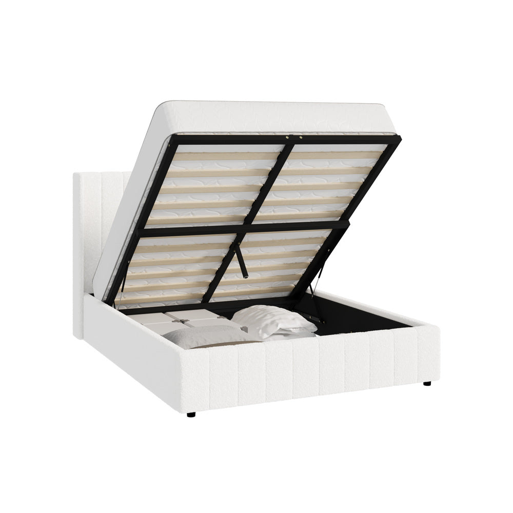 Oikiture Bed Frame Double Size Gas Lift Base Boucle Fabric White