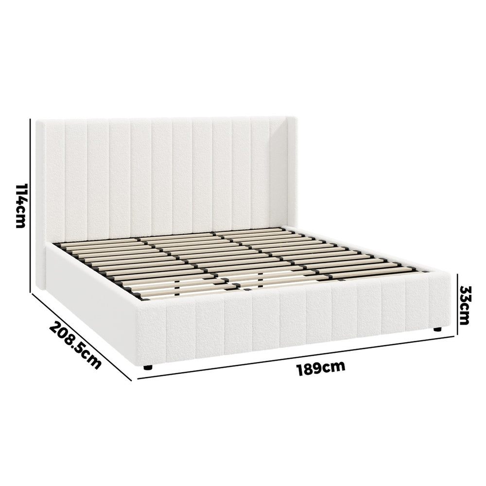 Oikiture Bed Frame King Size Gas Lift Base Boucle Fabric White