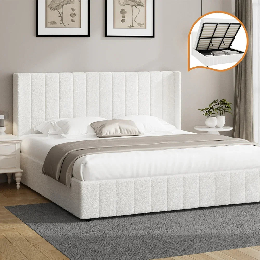 Bed Frame Queen Size Gas Lift Base Boucle Fabric White