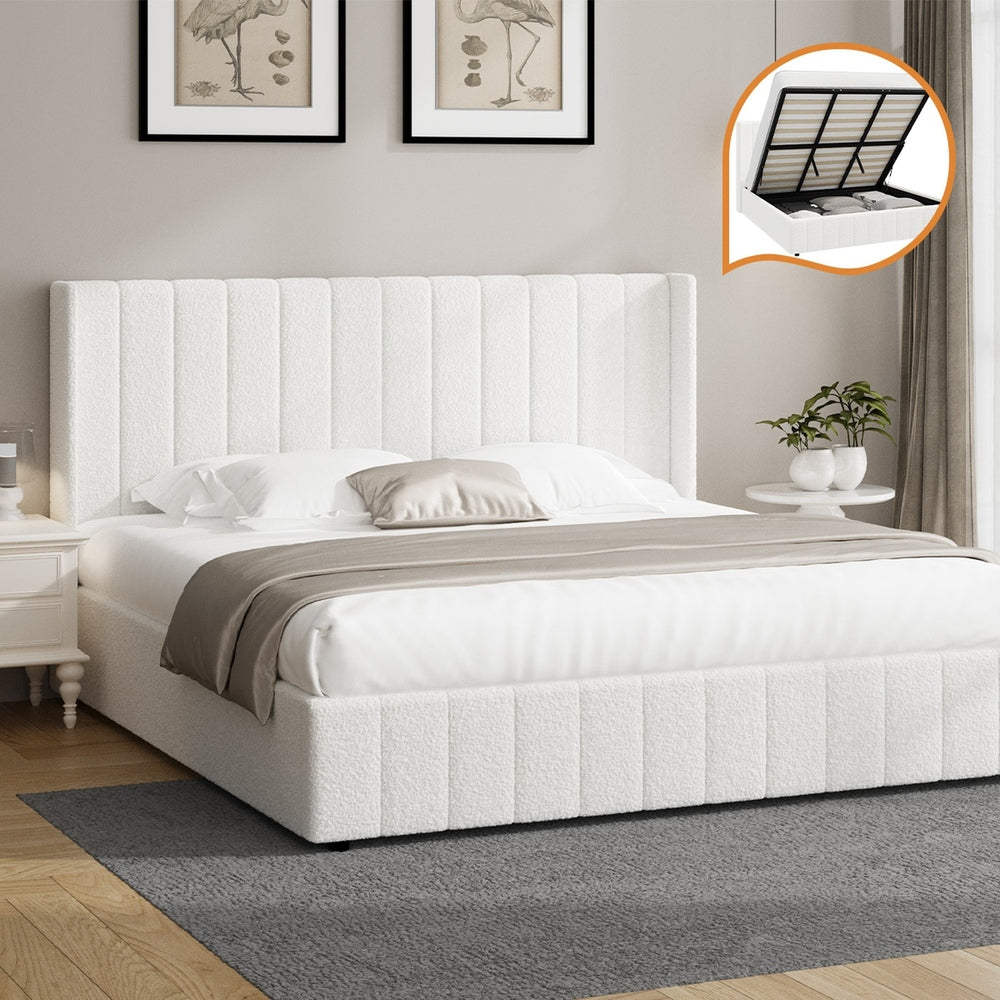 Oikiture Bed Frame King Size Gas Lift Base Boucle Fabric White