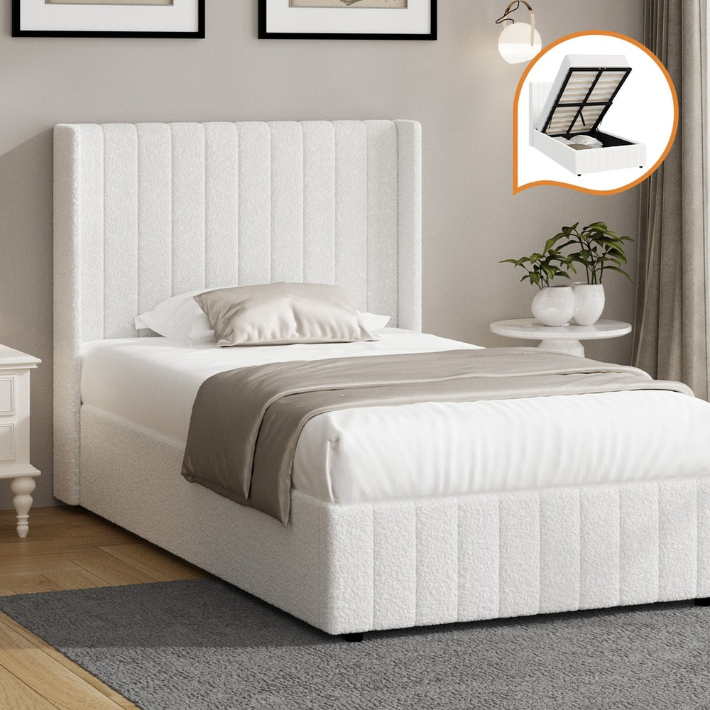 Oikiture Bed Frame King Single Gas Lift Base Boucle Fabric White