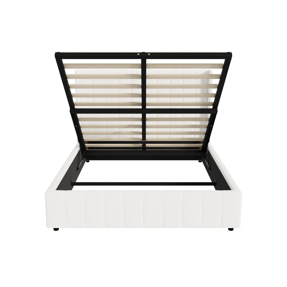 Oikiture Bed Frame Queen Size Gas Lift Base Boucle Fabric White
