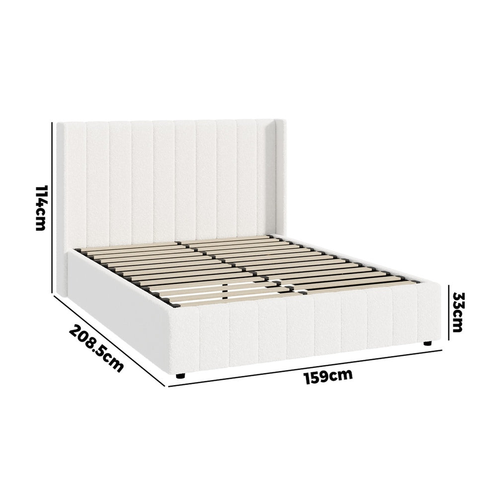 Oikiture Bed Frame Queen Size Gas Lift Base Boucle Fabric White