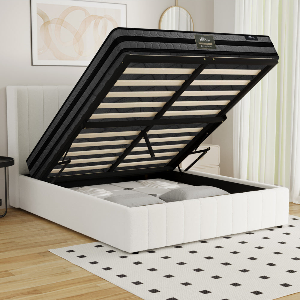 Oikiture Bed Frame with Mattress Set Double Size Gas Lift Boucle BILY