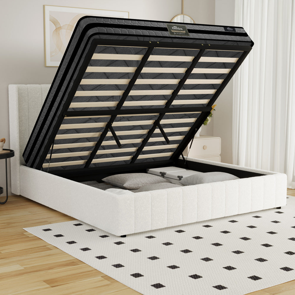 Oikiture Bed Frame with Mattress Set King Size Gas Lift Boucle BILY