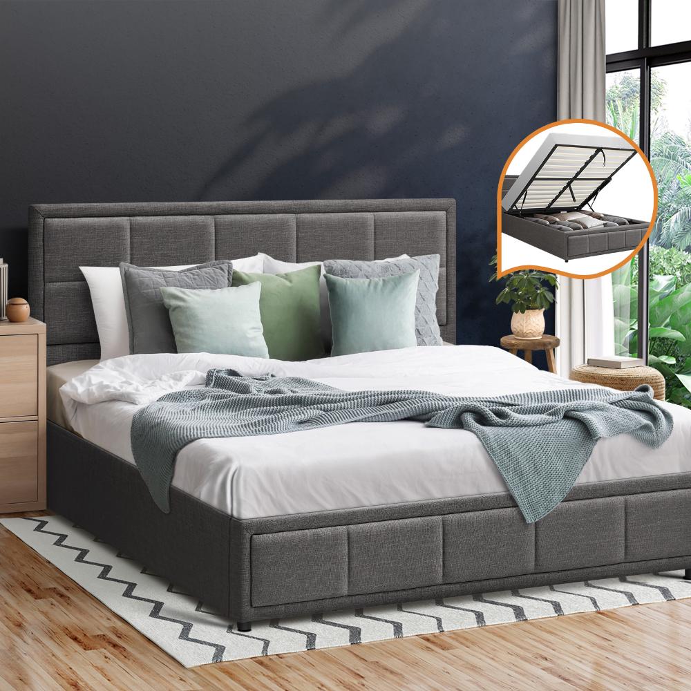 Double Bed Frame Gas Lift Storage Base Fabric Grey