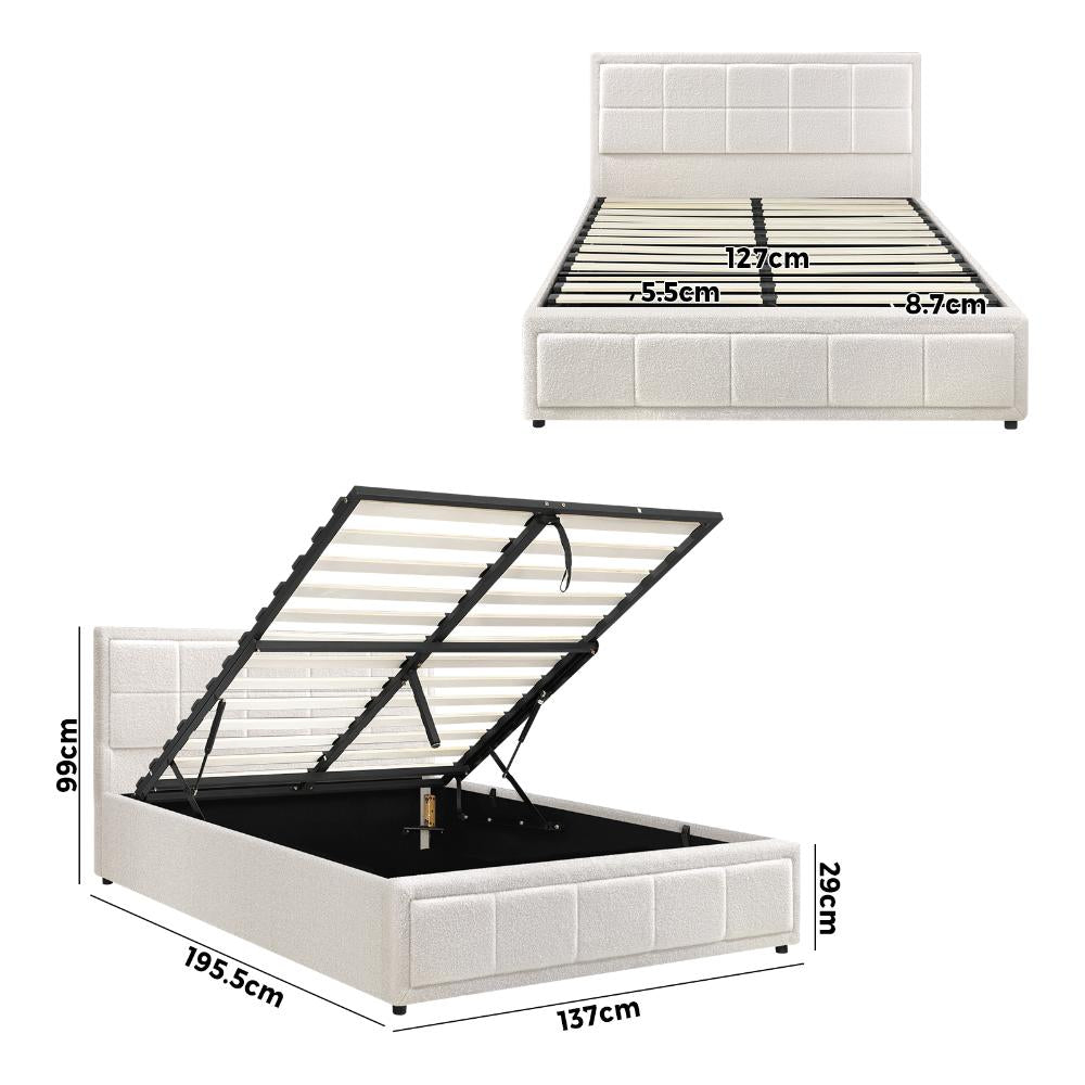 Double Bed Frame Gas Lift Storage Base Boucle White