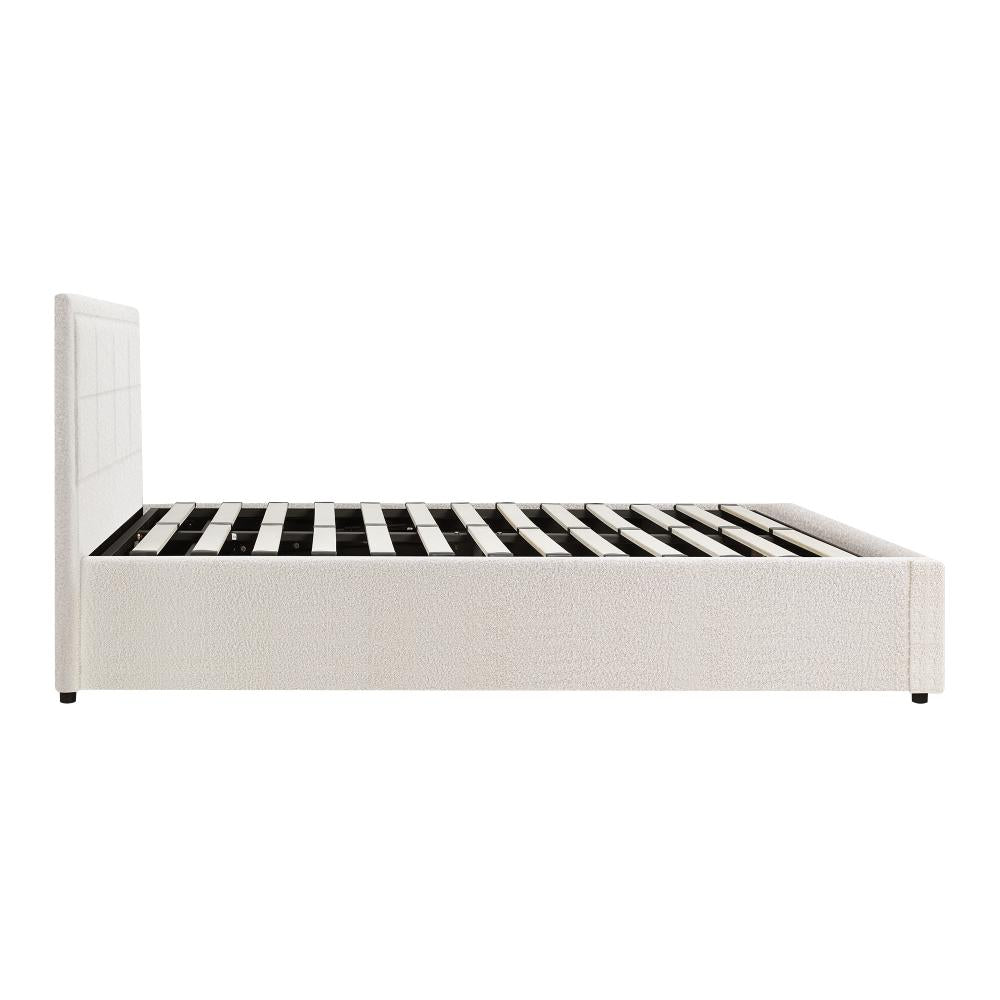 Double Bed Frame Gas Lift Storage Base Boucle White