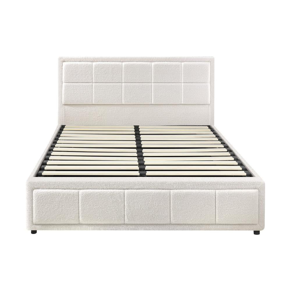 Double Bed Frame Gas Lift Storage Base Boucle White