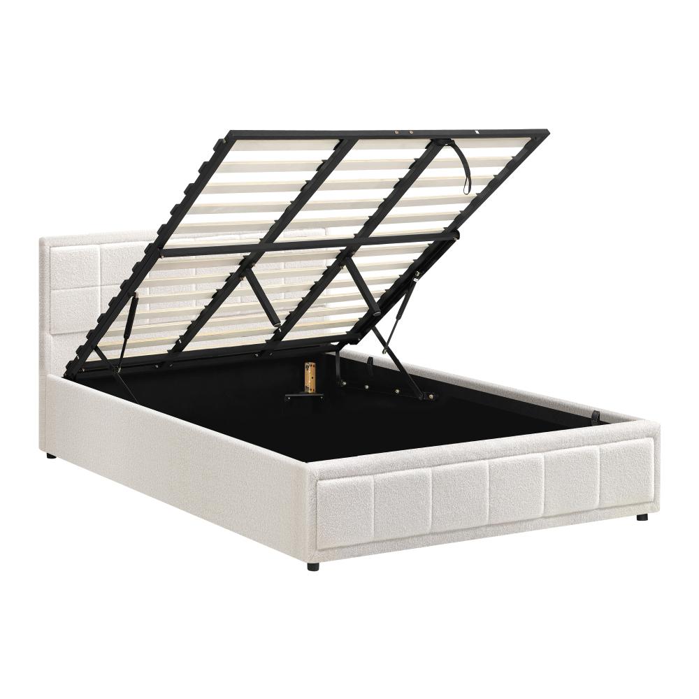 King Bed Frame Gas Lift Storage Base Boucle White