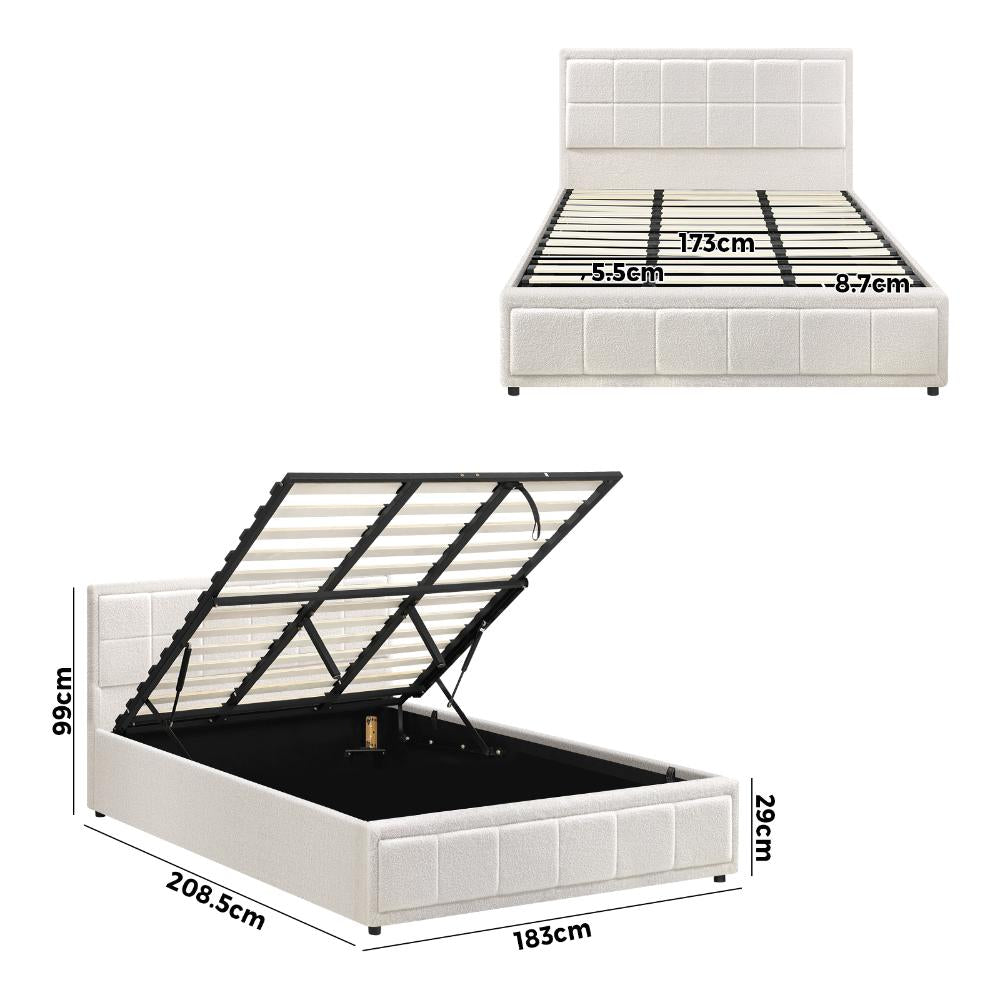 King Bed Frame Gas Lift Storage Base Boucle White