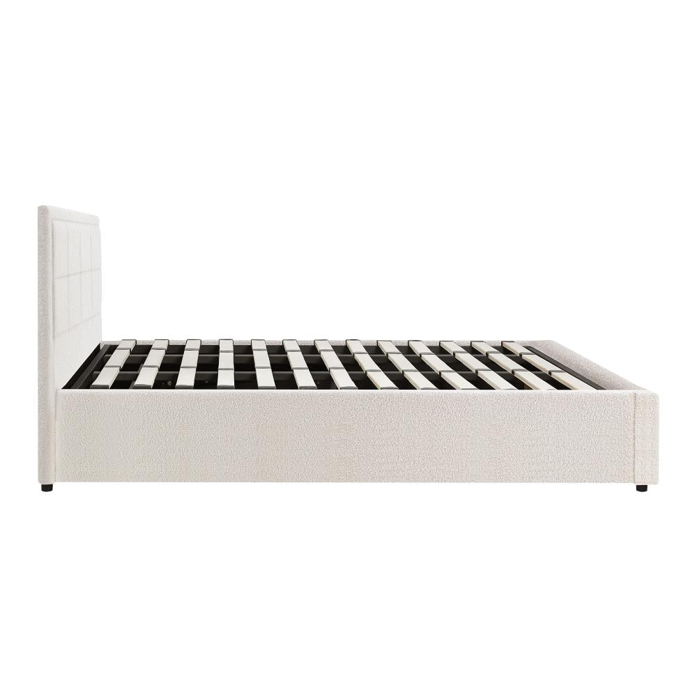 King Bed Frame Gas Lift Storage Base Boucle White