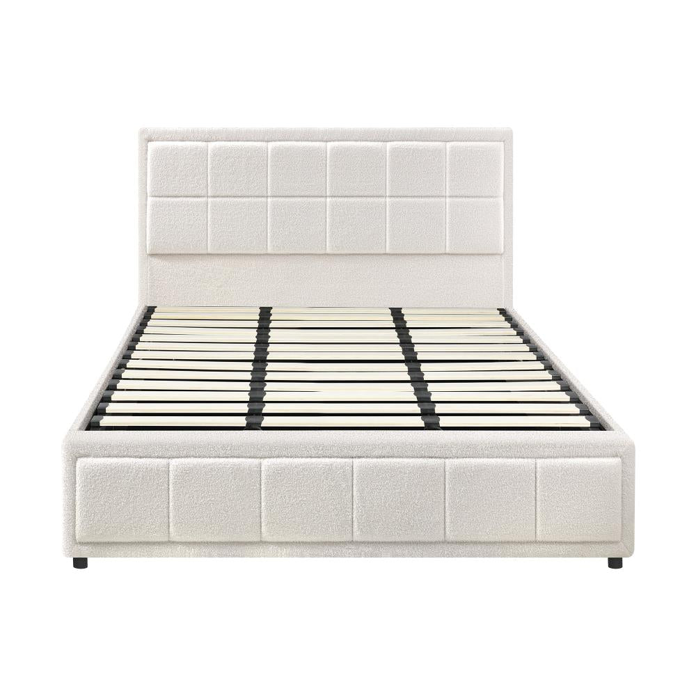 King Bed Frame Gas Lift Storage Base Boucle White