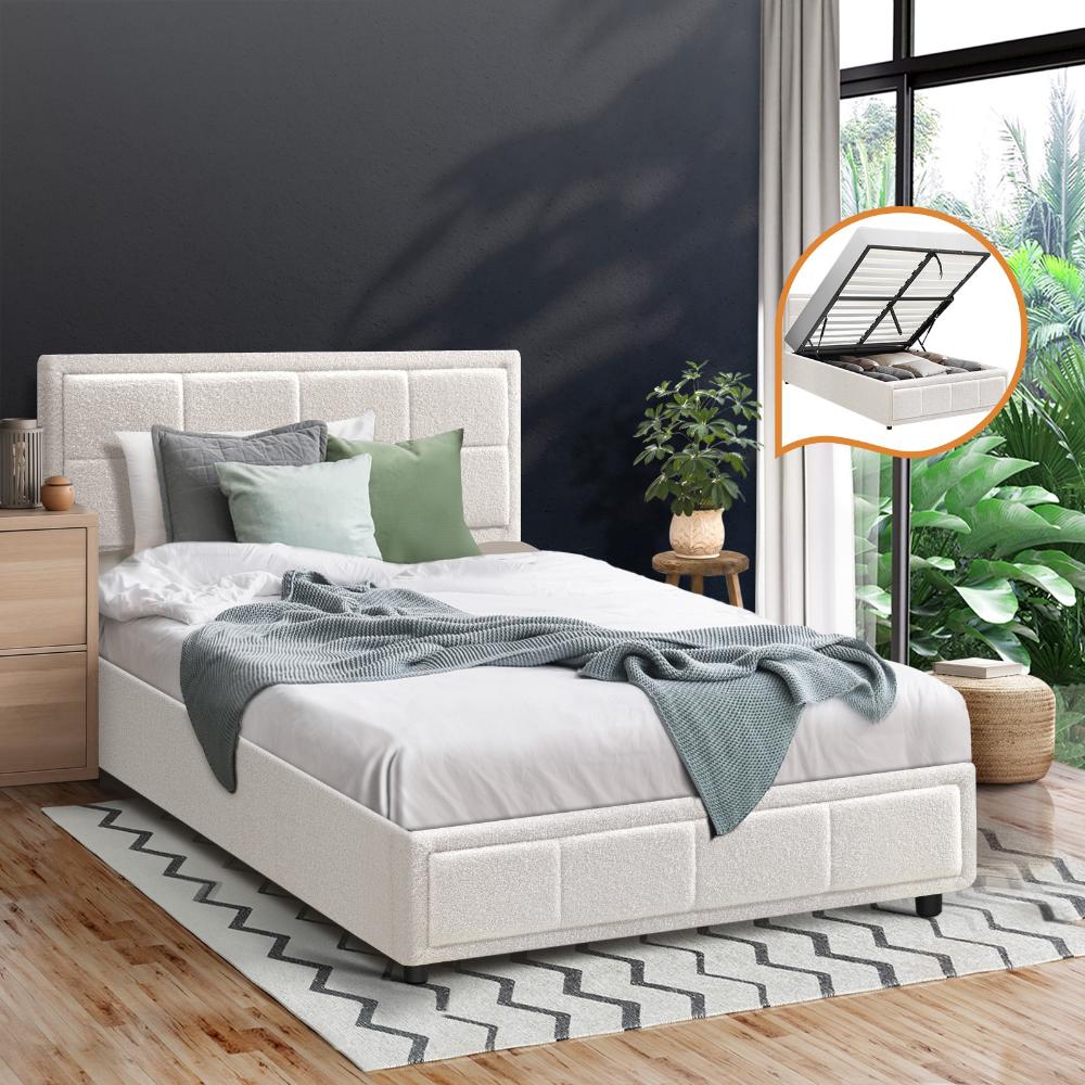 Bed Frame King Single Gas Lift Storage Base Boucle White