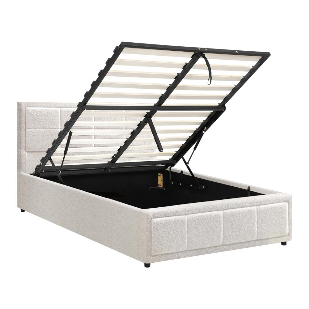 Bed Frame King Single Gas Lift Storage Base Boucle White