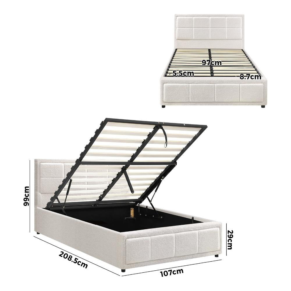 Bed Frame King Single Gas Lift Storage Base Boucle White