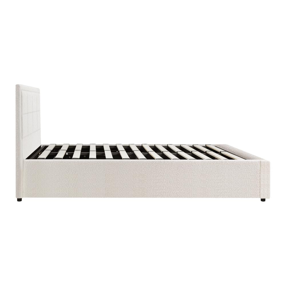 Bed Frame King Single Gas Lift Storage Base Boucle White
