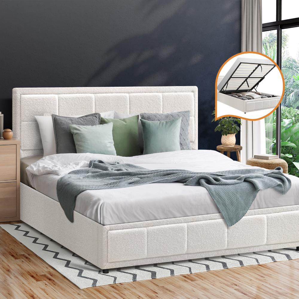 Queen Bed Frame Gas Lift Storage Base Boucle White