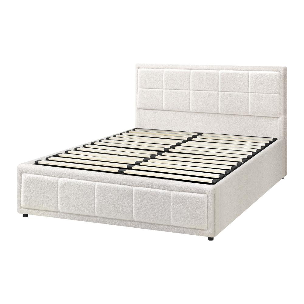 Queen Bed Frame Gas Lift Storage Base Boucle White