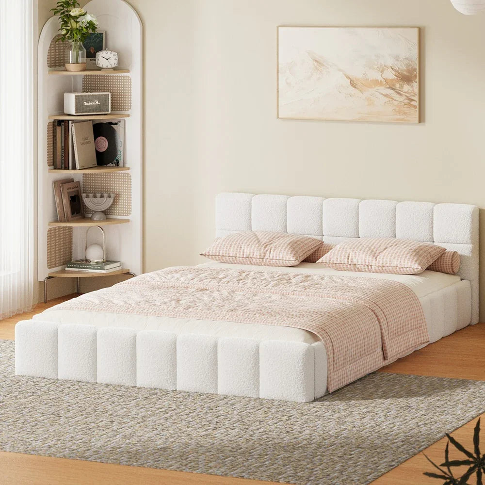 Bed Frame Double Size Tufted Headboard White Boucle