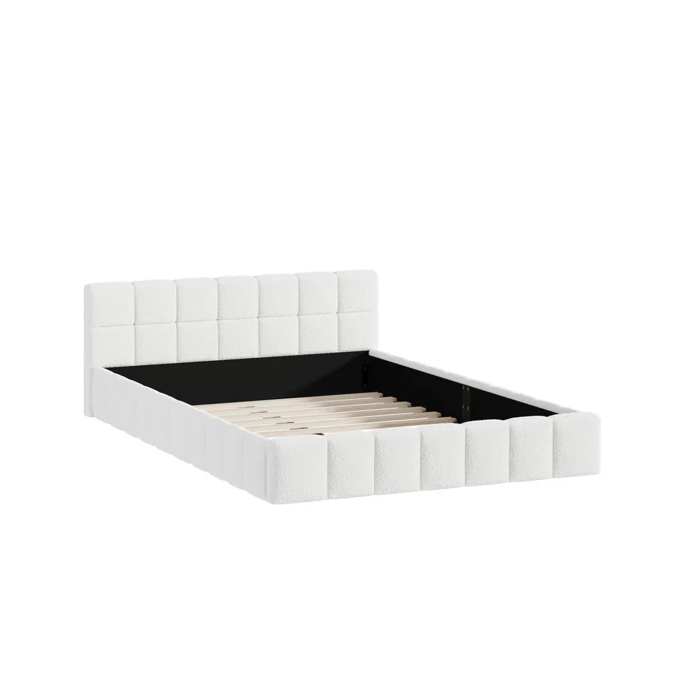 Bed Frame Double Size Tufted Headboard White Boucle