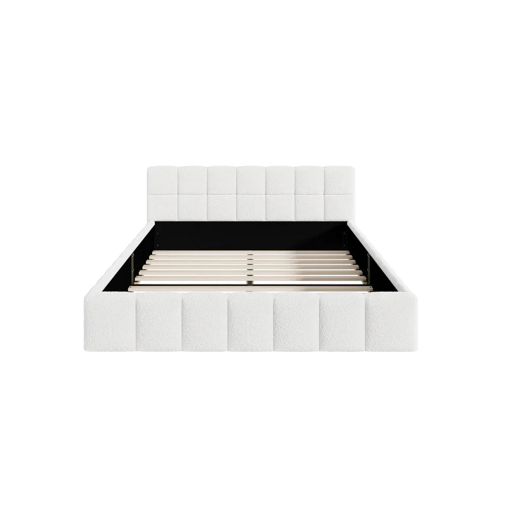 Bed Frame Double Size Tufted Headboard White Boucle