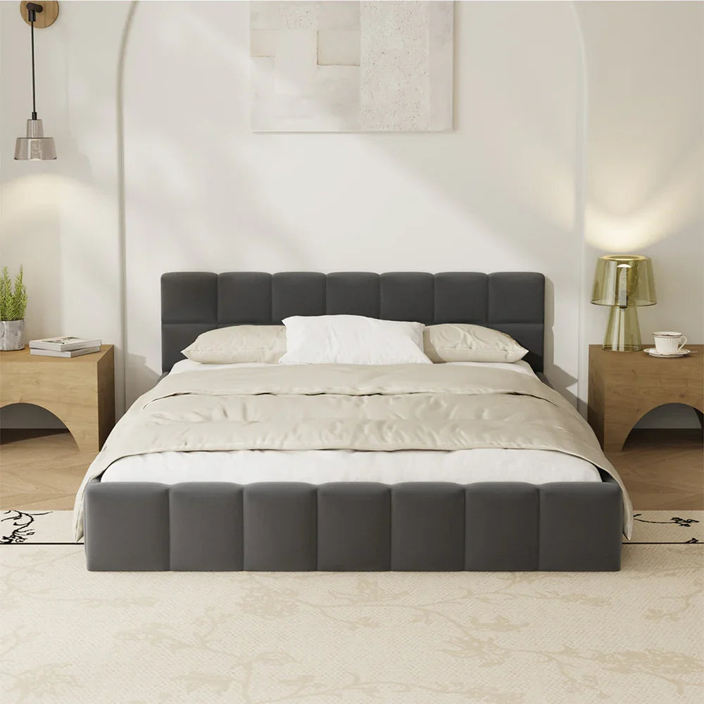 Bed Frame Double Size Tufted Headboard Grey Velvet