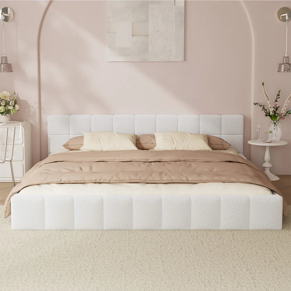Bed Frame King Size Tufted Headboard White Boucle