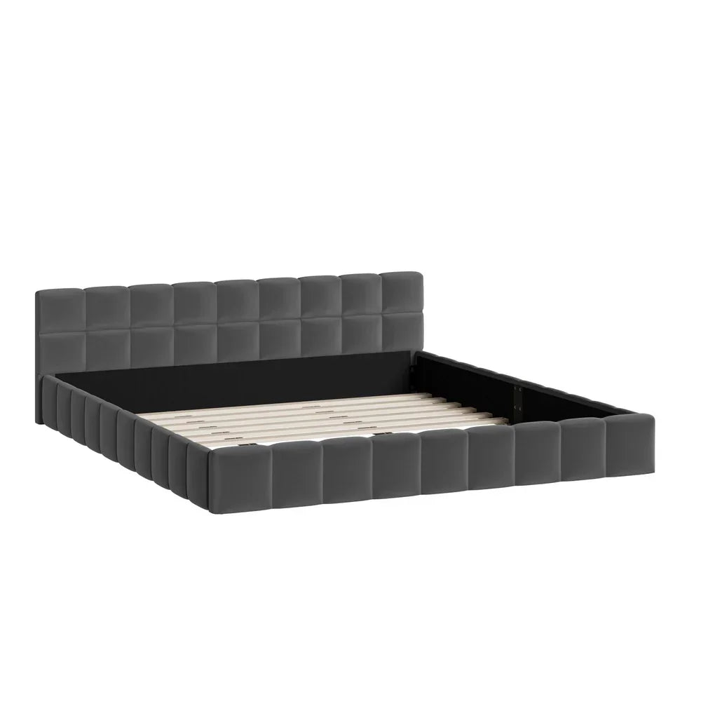 Oikiture Velvet Bed Frame – King, Grey, Grounded Design, Tufted Headboard