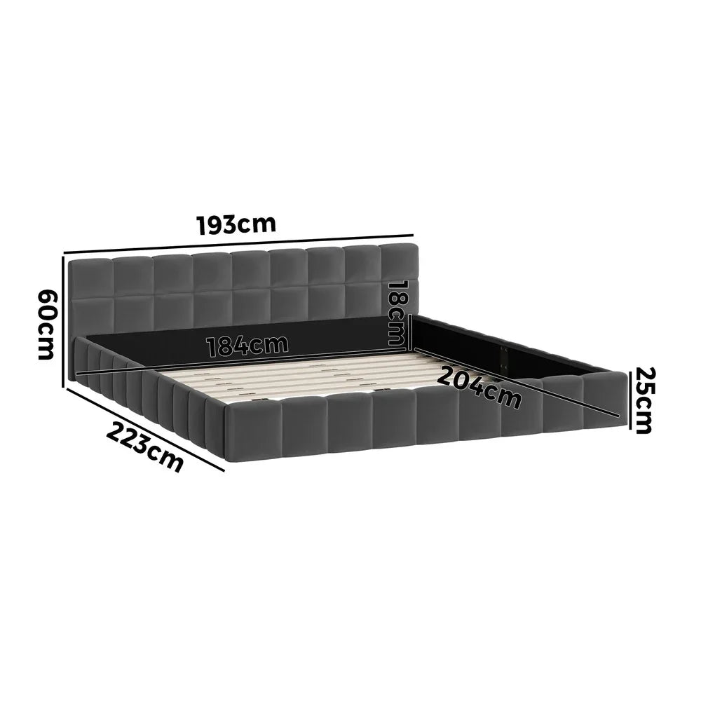 Oikiture Velvet Bed Frame – King, Grey, Grounded Design, Tufted Headboard