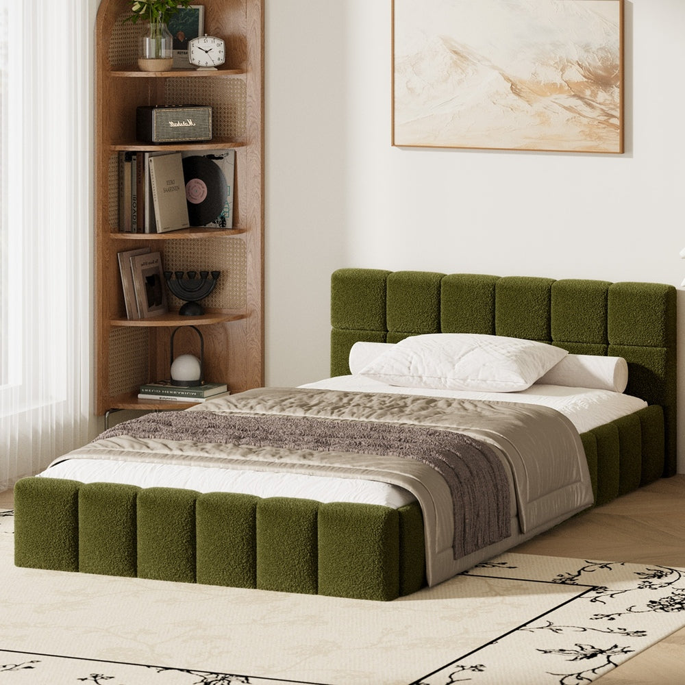 Bed Frame King Single Size Tufted Headboard Green Boucle