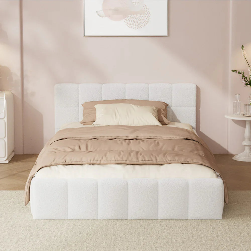 Bed Frame King Single Size Tufted Headboard White Boucle